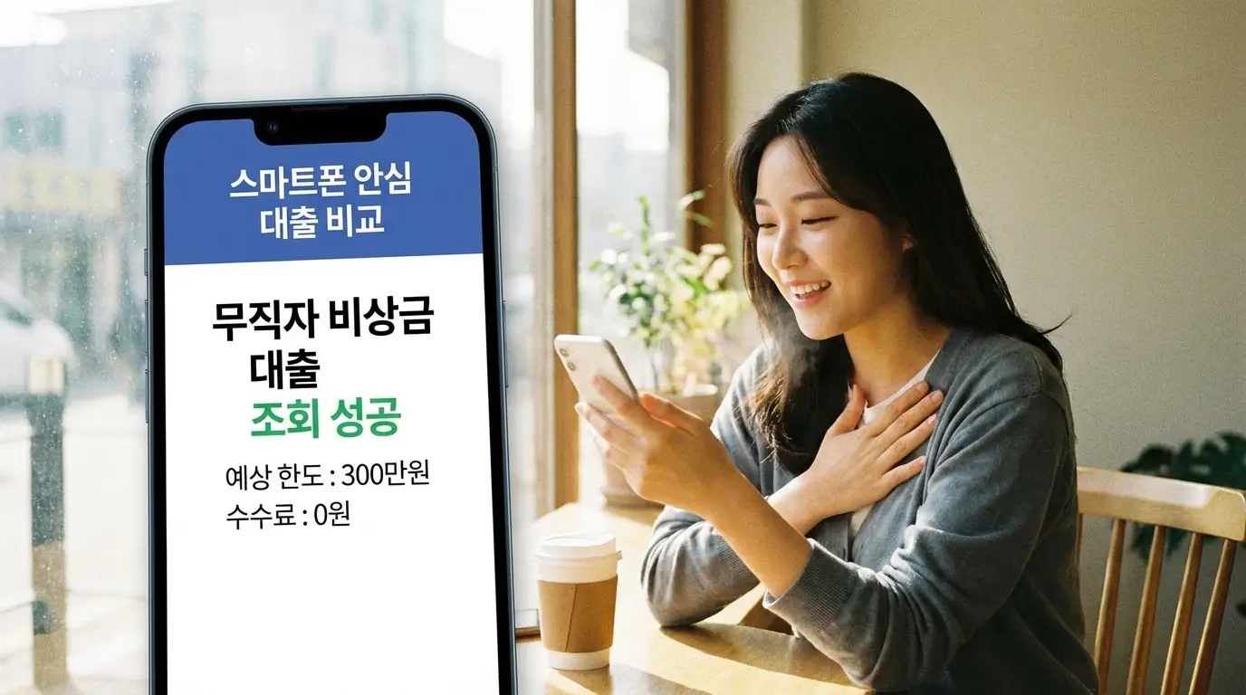 스마트폰 안심 대출 비교 플랫폼을 통해 수수료 0원으로 안전하게 무직자 비상금 대출 한도를 조회하고 안도하는 소비자의 모습