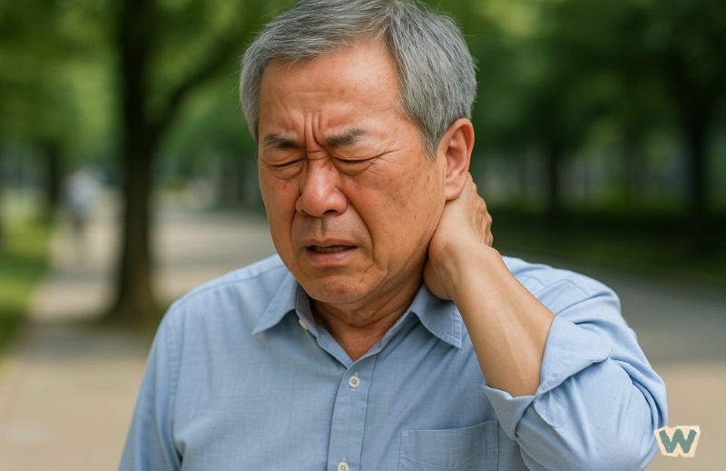 공원에서 고혈압으로 인한 불편함을 느끼는 노년 남성 via canva