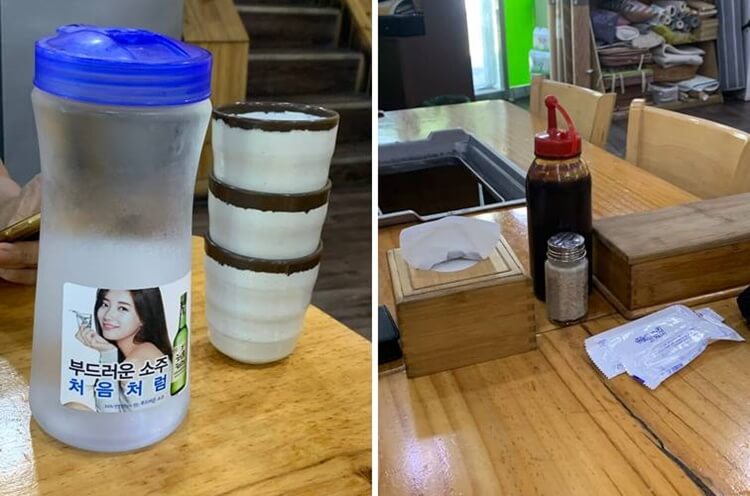 물, 컵, 소금, 장어소스, 티슈, 물티슈, 수저통