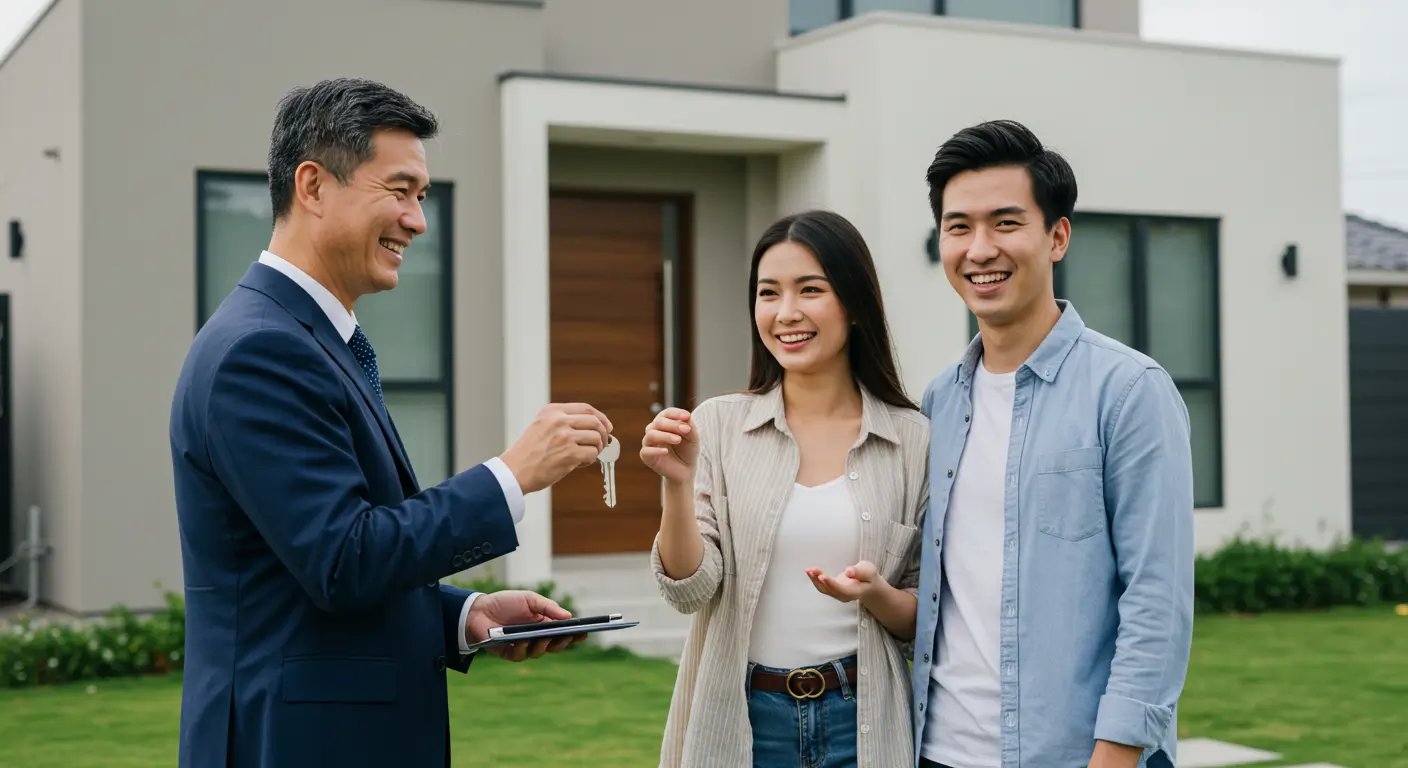 현대적인 새 집 앞에서, 행복한 커플에게 웃으며 집 열쇠를 건네주는 정장 차림의 친절하고 전문적인 공인중개사 사진