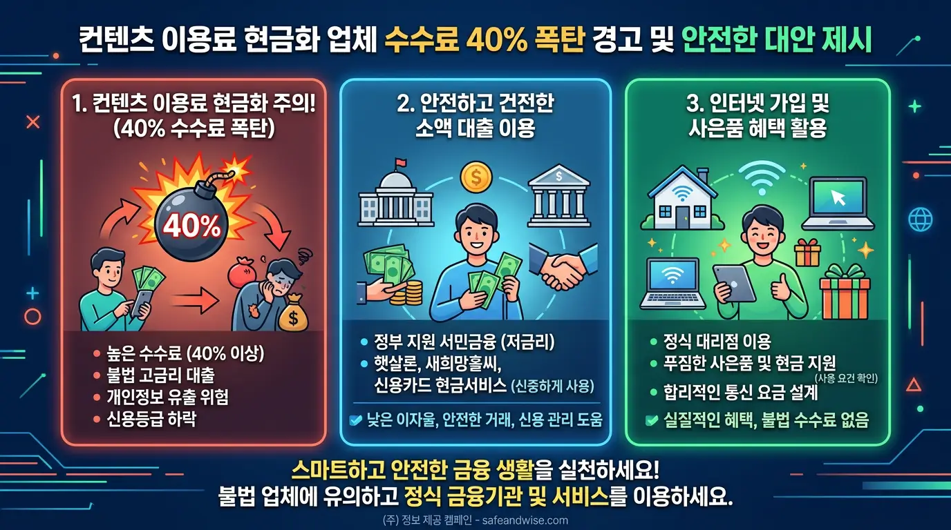 컨텐츠 이용료 현금화 업체의 수수료 40% 폭탄을 경고하고 안전한 대출 및 인터넷 사은품 대안을 제시하는 인포그래픽