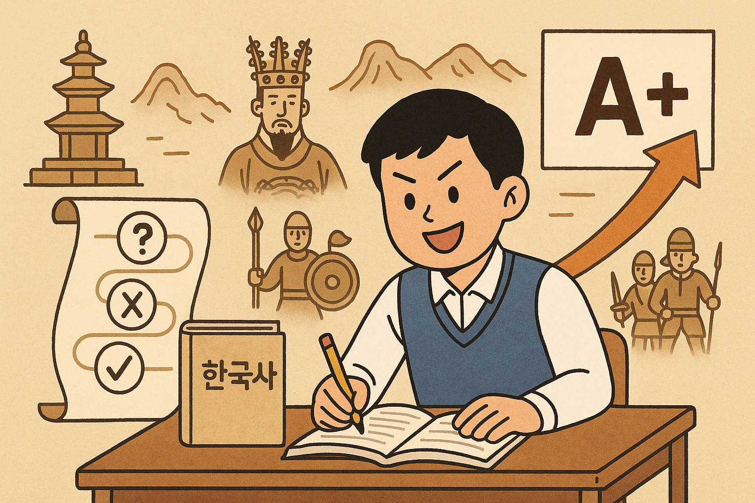 책상에앉아-한국사를공부하는-한국학생과-배경에펼쳐진-삼국시대왕과-병사-탑등의-역사적상징들이-따뜻한색감으로표현된-일러스트