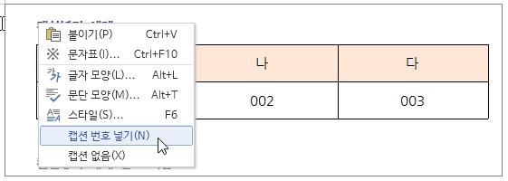 한글 캡션 설정 표번호 그림번호