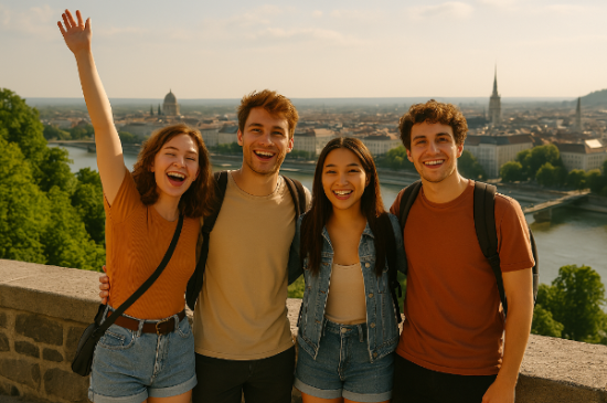 20대 친구들 4명이 여행지에서 활짝 웃으며 사진을 찍고있다