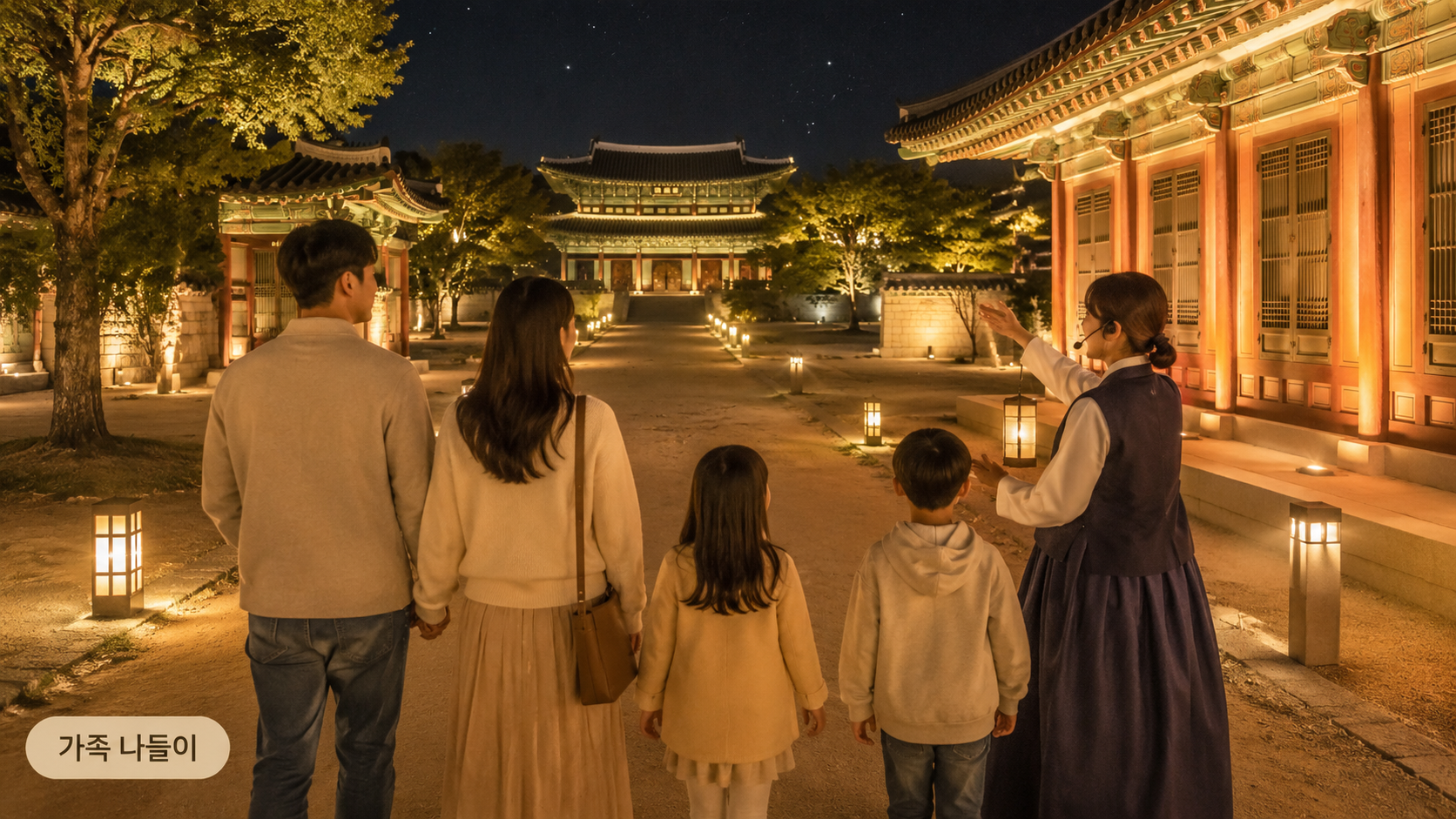 가족이 함께 걷는 창경궁 야간 산책 장면 (AI 로 만든 이미지 입니다.)