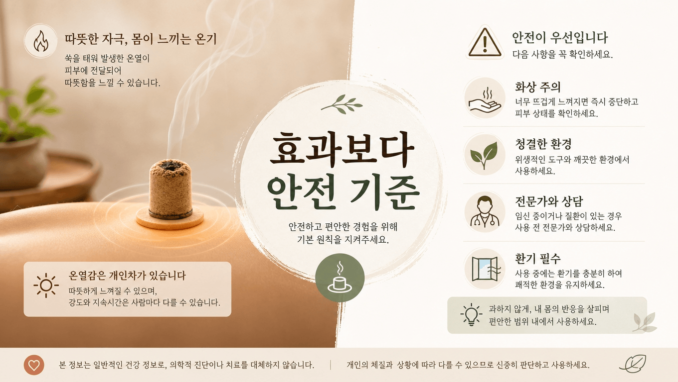 쑥뜸 효과를 치료나 개선으로 단정하지 않고 보조적 온열 관리로 이해해야 한다는 설명