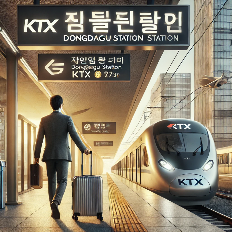 짐을 든 여행자가 동대구역 승강장에서 KTX 열차로 이동 중인 모습&amp;#44; 역 안내 표지판 배경