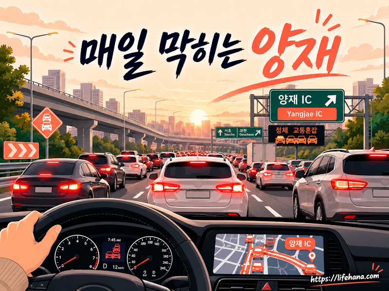 복잡한 양재IC 교차로 도로 위를 우회하는 성남-서초 신설 고속도로 노선망 조감도를 확인하며 미소 짓는 직장인의 일러스트