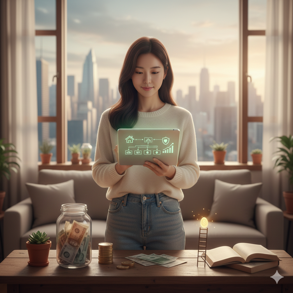 햇살이 드는 아파트 거실 창가에 한국인 여성이 서서 태블릿을 들고 금융 계획을 확인하고 있어요. 태블릿 화면에는 주택 모양 아이콘을 중심으로 복잡한 자산 배분 계획표가 도식화되어 나타나고 있어요. 앞쪽 테이블 위에는 지폐와 동전이 담긴 유리병, 흩어진 동전, 그리고 동전이 놓인 작은 사다리가 놓여 있어 일상생활 속에서 안전하게 자산을 불려나가는 직장인의 모습을 보여줘요.