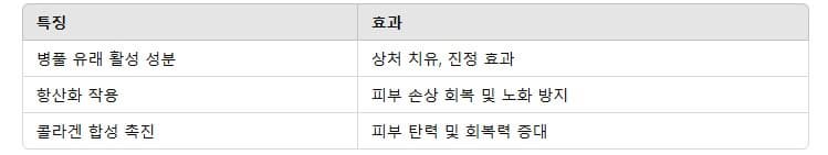 특징에 따른 피부 치유 효과를 정리한 표