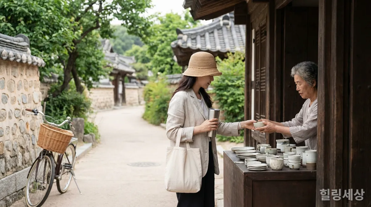 재생형 관광을 실천하는 한국 여행자의 모습: 텀블러 사용, 자전거 타기, 지역 물품 구매