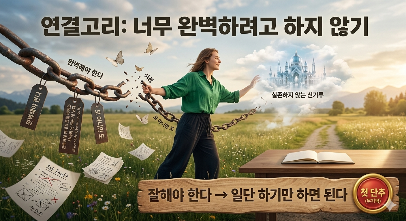 '연결고리: 너무 완벽하려고 하지 않기'라는 제목의 인포그래픽 이미지. 푸른 들판을 배경으로 초록색 셔츠를 입은 여성이 '완벽해야 한다', '모 아니면 도' 등 강박적인 생각이 적힌 쇠사슬을 끊고 해방감을 느끼며 앞을 향해 나아가고 있다. 그녀의 앞에는 '실존하지 않는 신기루'라 불리는 완벽의 상징인 하얀 궁전이 떠 있다. 여성이 끊어낸 사슬에서 나비가 되어 날아가는 종이들과 바닥에 흩어진 '1st Draft' 등의 미완성 스케치들이 불완전한 상태에서 위대한 일이 시작됨을 상징한다. 하단에는 '잘해야 한다 &rarr; 일단 하기만 하면 된다'라는 마음의 무게중심 이동을 강조하는 글귀와 '첫 단추 (무기력)'이라 적힌 황금색 단추가 놓여 있다. 전체적으로 완벽주의에서 벗어나 실행을 강조하는 따뜻하고 동화 같은 분위기의 일러스트이다.