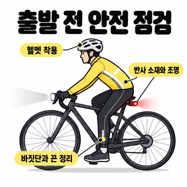 헬멧을 쓴 자전거 이용자의 측면 모습에 바짓단과 끈 정리, 반사 소재, 흰색 전조등과 빨간색 후미등을 표시한 출발 전 안전 점검 이미지