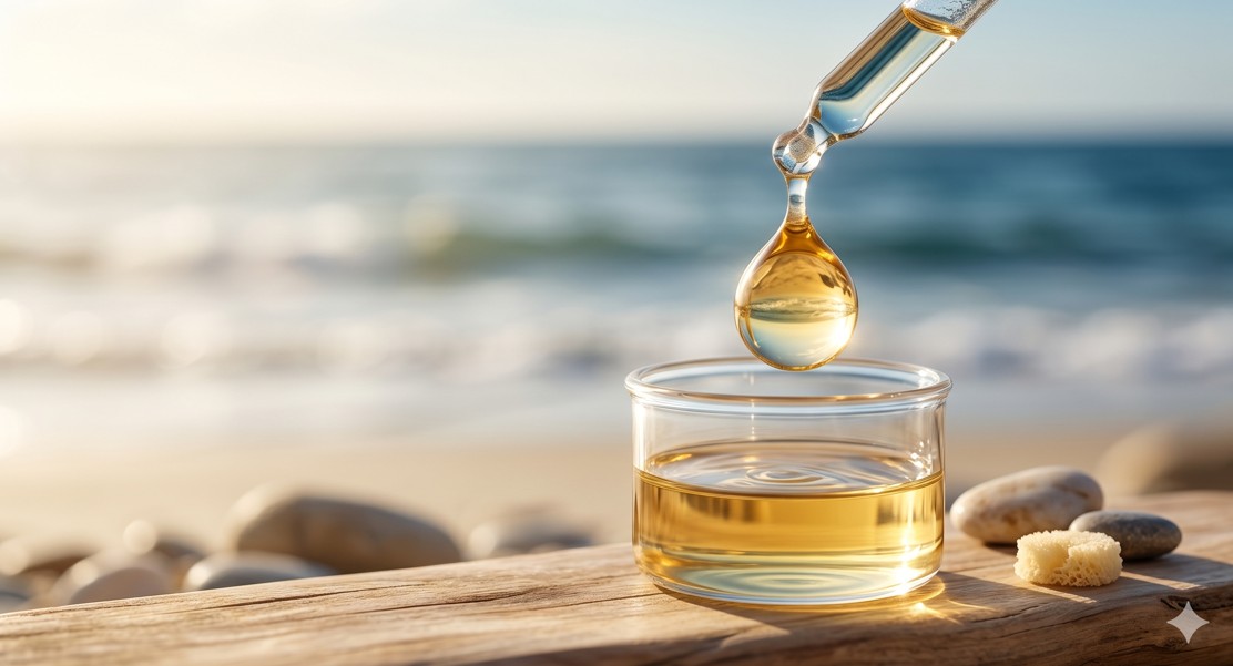 상어 간에서 추출한 깨끗하고 맑은 황금색 기름 한 방울