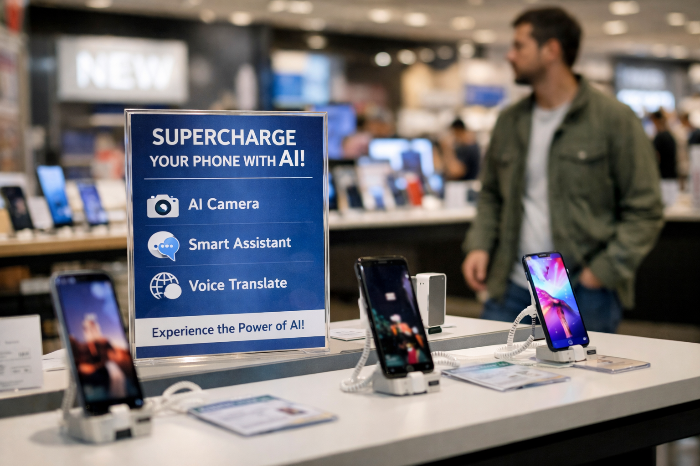 AI 기능이 강조된 스마트폰 매장과 무관심한 사용자 모습.