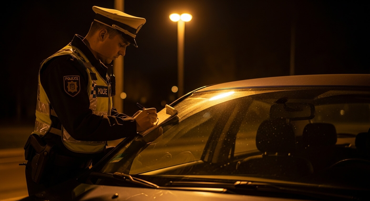 경찰관이 야간에 차량에 과태료 스티커를 작성하는 장면