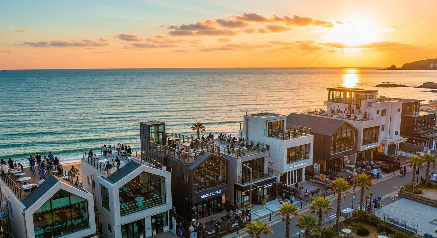 노을 지는 강릉 안목해변 카페거리의 전경, 바다를 바라보며 커피를 즐기는 사람들과 아름다운 카페들