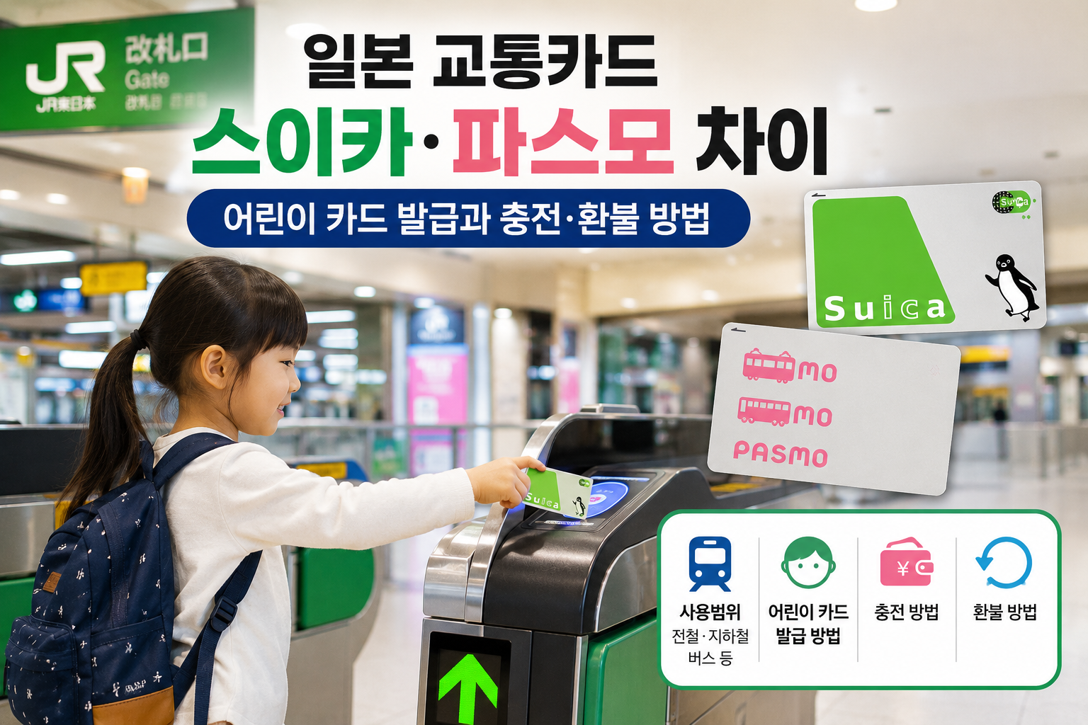 일본 교통카드 스이카&middot;파스모 차이, 어린이 카드 발급과 충전&middot;환불 방법