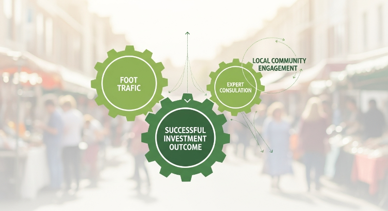 유동 인구, 지역사회 참여, 전문가 상담이 성공적인 상가주택 투자를 이끄는 요소들을 시각화한 그래픽.