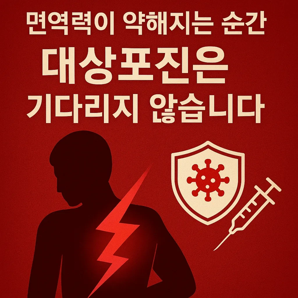 면역력이 약해지는 순간 대상포진의 위협을 경고하는 공중보건 인식 포스터