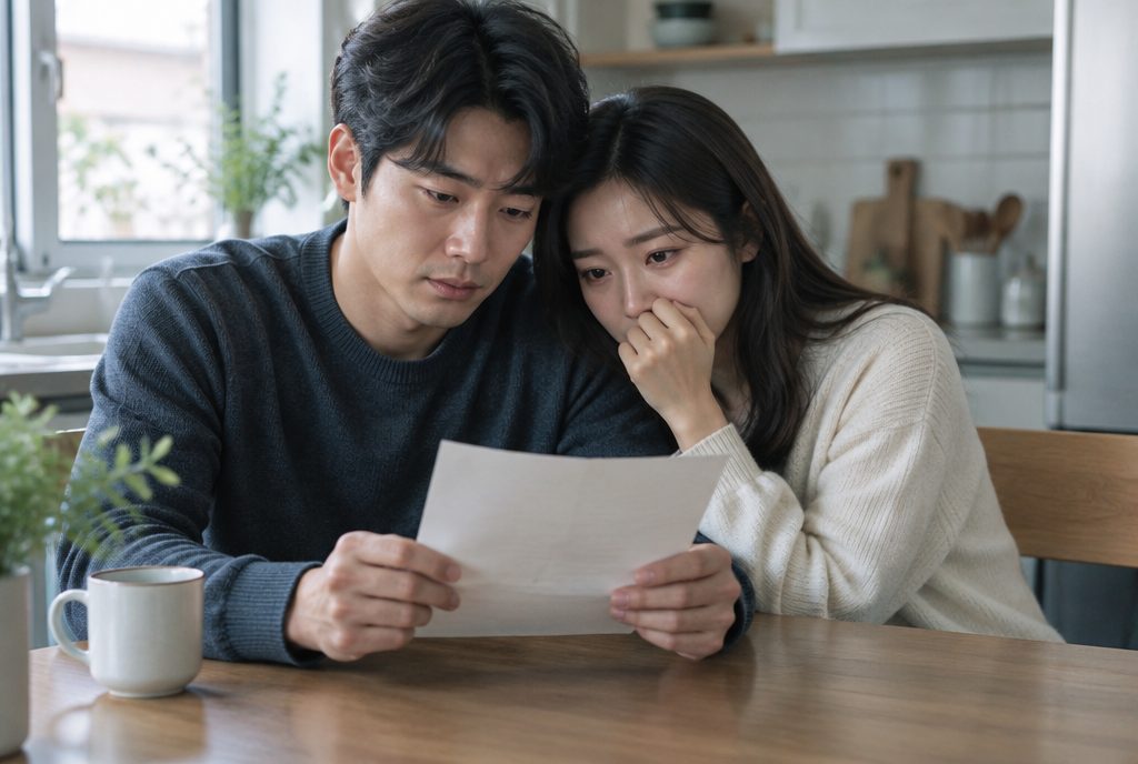 뇌병변 장애 판정 결과 통지서를 함께 읽는 부부