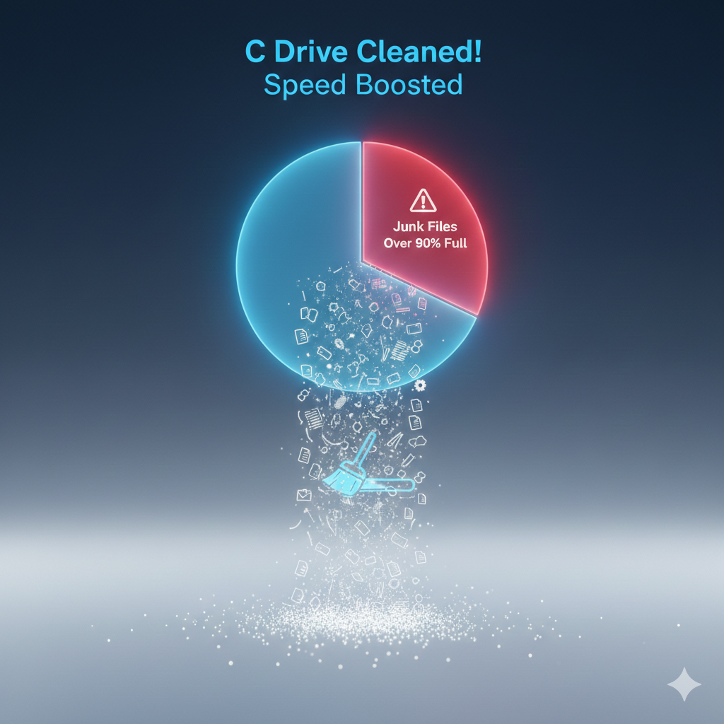 윈도우 C드라이브 용량 부족 문제를 상징하는 원형 차트 그래픽. 90% 이상 가득 찬 빨간색 경고 영역에서 불필요한 찌꺼기 파일들이 빗자루 아이콘과 함께 아래로 쏟아지며 청소되는 모습.