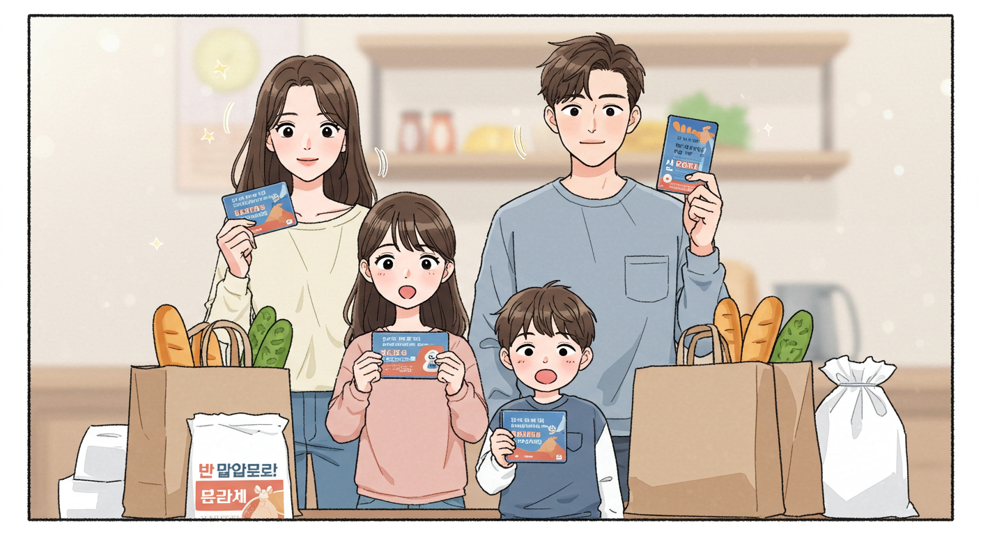 상생페이백으로 생활비를 아끼는 가족의 한국만화풍 표정