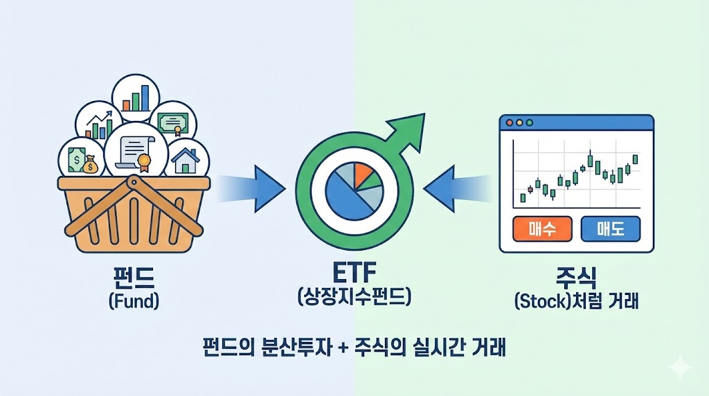 ETF(상장지수펀드)의 구조를 설명하는 인포그래픽. 왼쪽의 '펀드(분산투자)' 바구니와 오른쪽의 '주식(실시간 거래)' 트레이딩 화면이 가운데 'ETF' 아이콘으로 합쳐지는 모습을 통해, 펀드의 장점과 주식의 거래 편의성을 결합한 상품임을 시각적으로 보여줍니다.