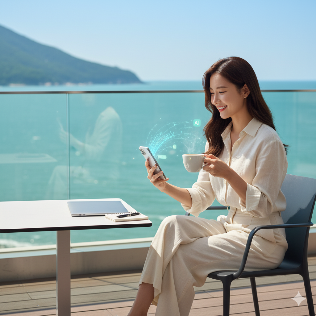 탁 트인 야외 테라스에서 AI 비서의 도움을 받아 즐겁게 글을 쓰는 여성.