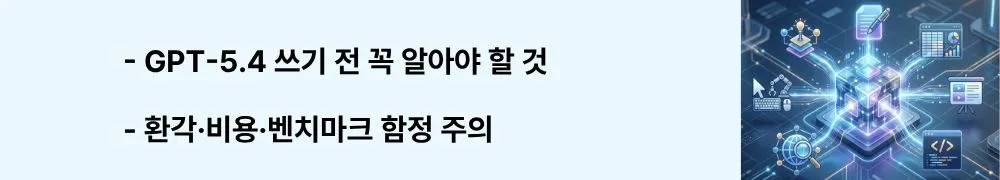 "GPT-5.4 쓰기 전 꼭 알아야 할 것"이라는 문구가 포함된 웹배너 이미지. 이 이미지는 GPT-5.4의 환각 오류&middot;비용 설계&middot;벤치마크 한계 등 주의사항을 시각적으로 전달하며, GPT-5.4 활용 시 주의사항 블로그와 관련된 내용을 설명함 (GPT-5.4 limitations, hallucination risk, API cost caution)