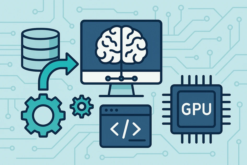 데이터베이스, 코드 창, 기어, GPU 칩과 디지털 브레인이 연결된 AGI 개발 스택 개념 일러스트