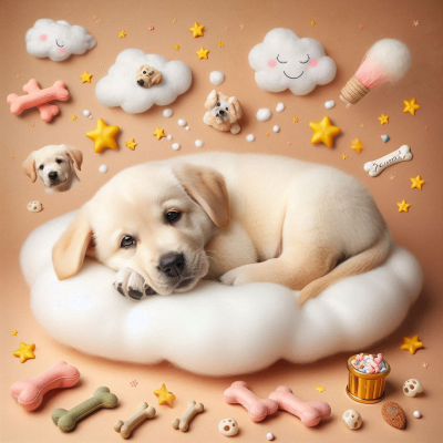 구름 위에서 아기 강아지가 편안하게 자고 있고, 주변에 뼈다귀와 별들이 있는 장면.