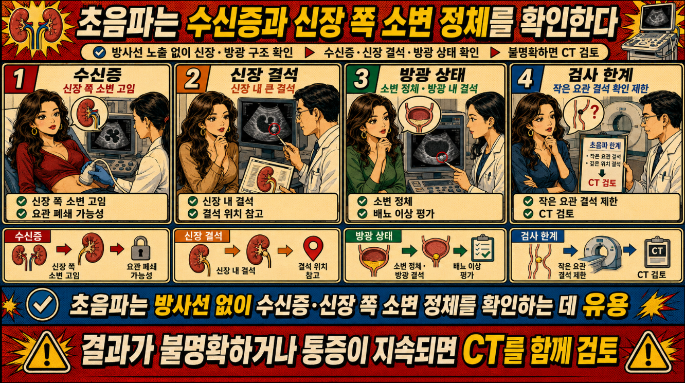 5. 초음파 검사로 수신증, 신장 결석, 방광 상태와 검사 한계를 확인하는 요로결석 영상검사 만화 인포그래픽