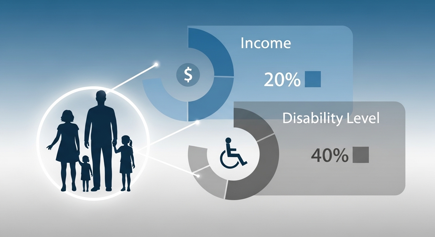 가족 실루엣과 소득 기준, 장애 등급 아이콘이 결합된 그래픽. 장애아가족 양육지원 서비스의 대상 기준을 시각적으로 설명.