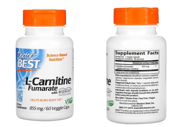 Doctor's Best, L-카르니틴 푸마르산염, Biosint 카르니틴 함유, 855mg, 베지 캡슐 60정