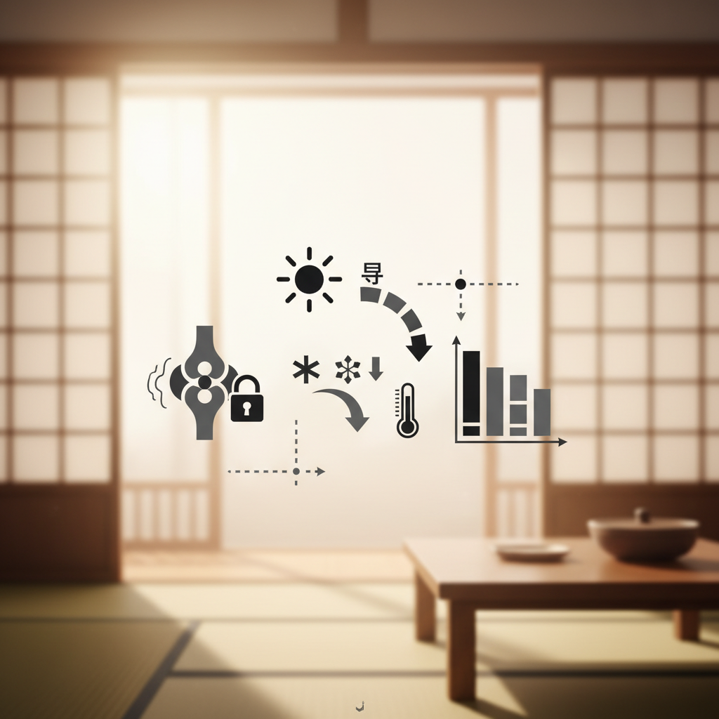 朝の関節硬直と気温低下の観測値に関する統計・生理メカニズム・対策を示す政策リポート用インフォグラフィック