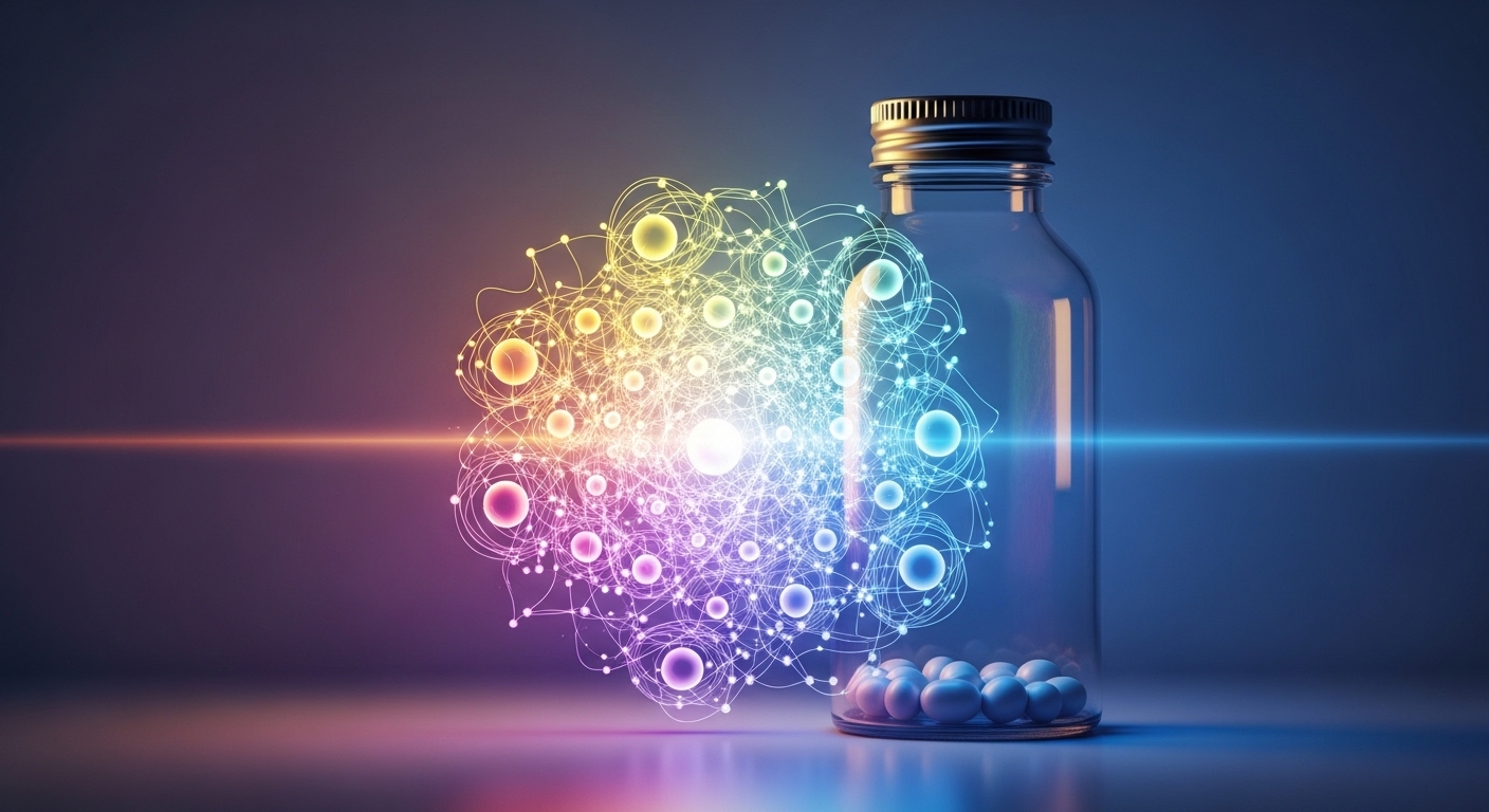 깔끔한 약병과 젊음/세포를 상징하는 빛나는 그래픽 (텍스트 없음)