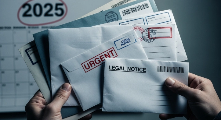 2025년에 발송된 듯한 독촉장과 법원 우편물들이 손에 들려 있는 모습.