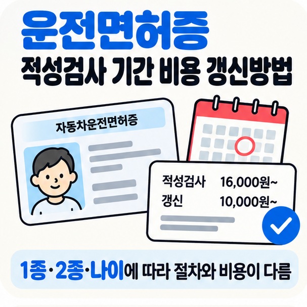 운전면허증 달력 비용 아이콘을 중심으로 운전면허증 적성검사 기간 비용 갱신방법 문구를 보여주는 대표 카드뉴스 이미지