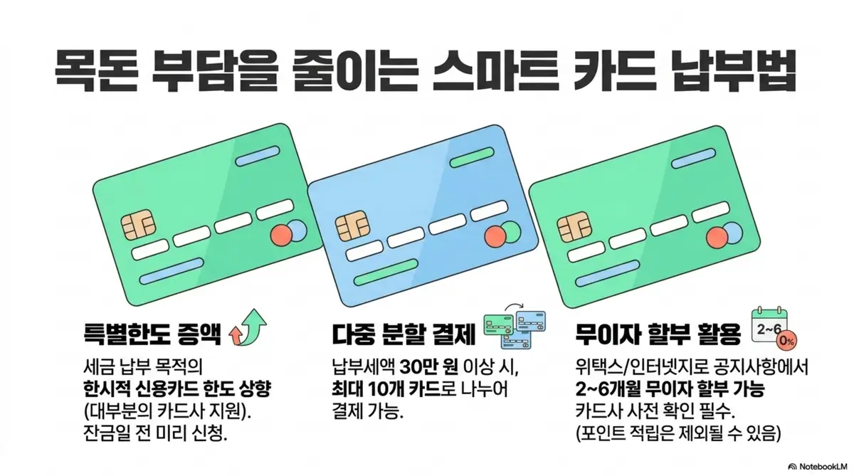 부동산 취득세: 취득세 카드 납부 시 특별한도 증액과 다중 분할 결제 그리고 무이자 할부 활용이라는 세 가지 핵심 팁을 신용카드 일러스트와 함께 정리한 인포그래픽 이미지. 이 이미지는 납부세액 30만 원 이상 시 최대 10개 카드로 분할 결제가 가능하다는 정보를 시각적으로 전달하며 블로그의 취득세 카드 납부 할부 활용법과 관련된 내용을 설명함