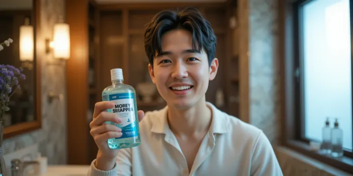 욕실에서 가글액을 들고 웃고 있는 모습