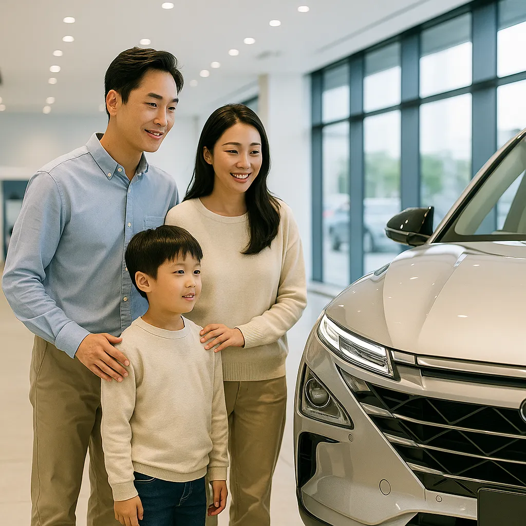 전시장 안에서 SUV를 둘러보는 가족