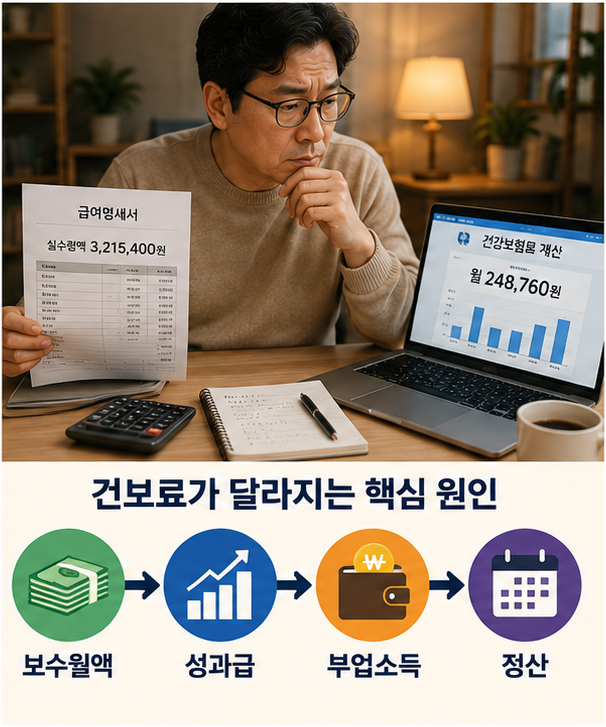 건강보험료 계산과 급여명세서 확인 장면
