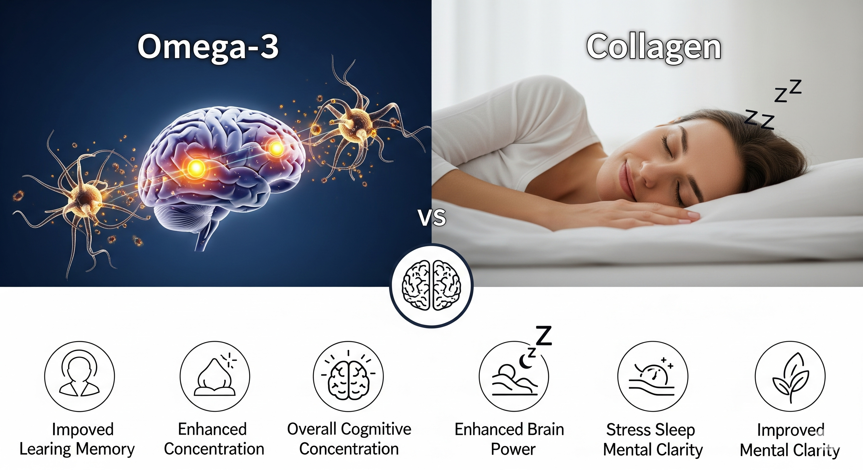 "뇌 건강 - 오메가3의 핵심 역할, 콜라겐의 간접적 기여"에 대한 이미지입니다.
