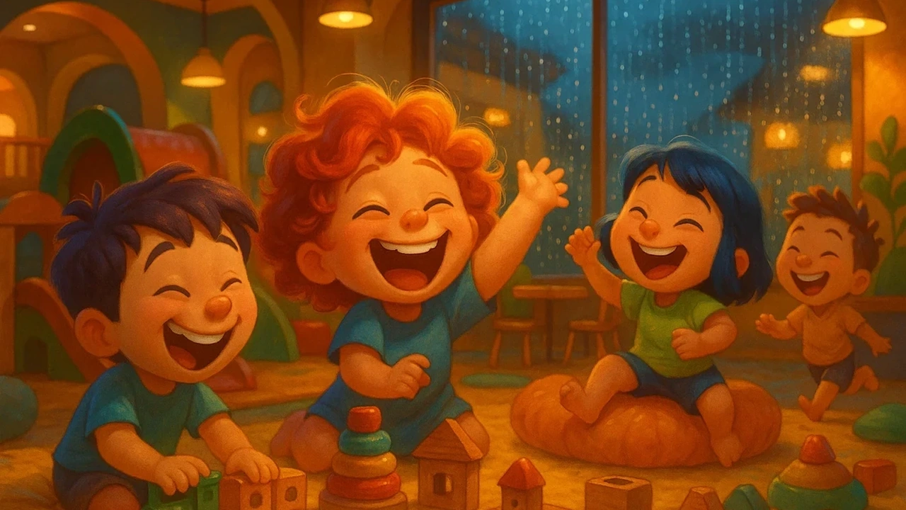 비 오는 창밖을 바라보며 실내에서 즐겁게 놀고 있는 아이들의 모습, 따뜻한 조명 아래 웃음소리가 들릴 것 같은 아늑한 키즈카페 풍경