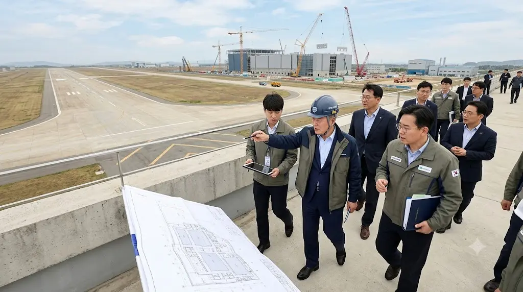 광주 군공항 반도체 클러스터 예정지를 점검하는 기업 경영진과 관계자들