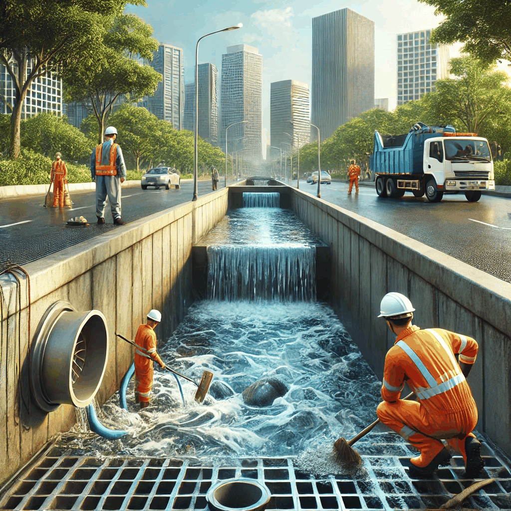 도시 배수시설을 유지보수하는 작업자들이 공중보건을 위해 배수구를 청소하고 점검하는 모습