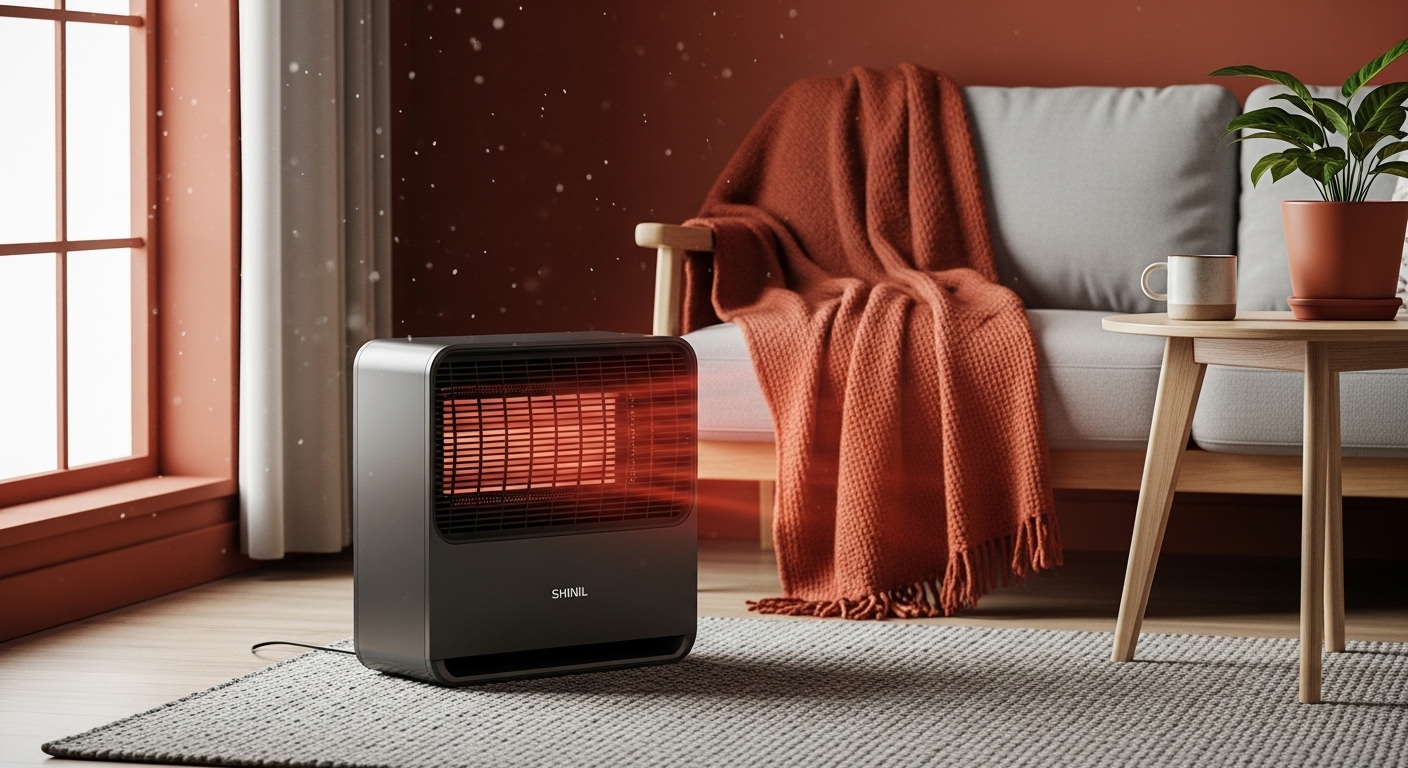 2025년형 신일 팬히터 신제품이 모던한 거실에 놓여있는 모습. 테라코타-라이트그레이 색상으로 세련된 디자인과 따뜻한 실내 분위기가 강조됨.