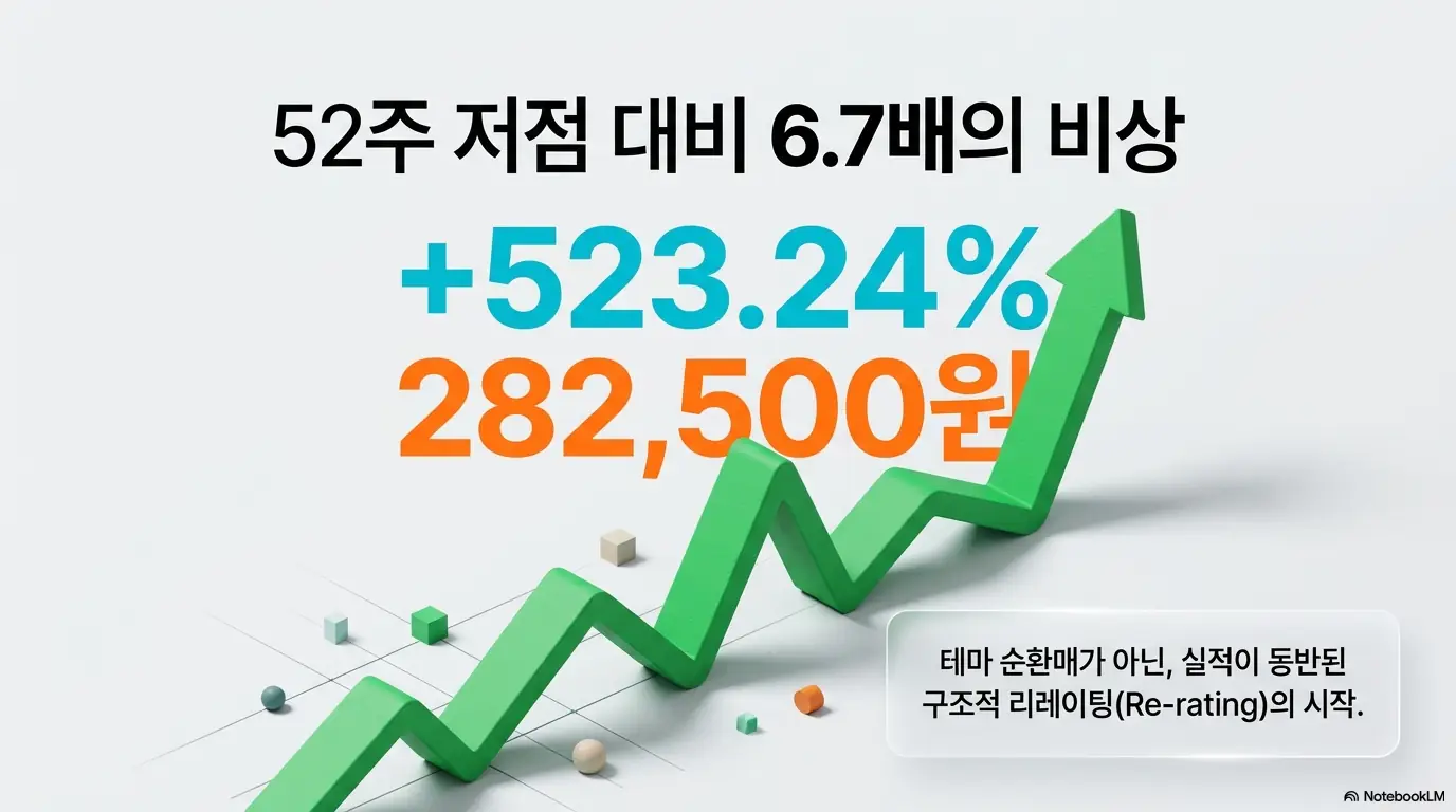 티에스이 주가가 1년간 +523.24% 상승해 52주 저점 대비 약 6.7배 비상하고 52주 최고가 282&amp;#44;500원을 기록했음을 상승 화살표 그래프로 보여주는 이미지. 테마 순환매가 아닌 실적이 동반된 구조적 리레이팅의 시작이라는 티에스이 주가 전망 핵심을 설명함 