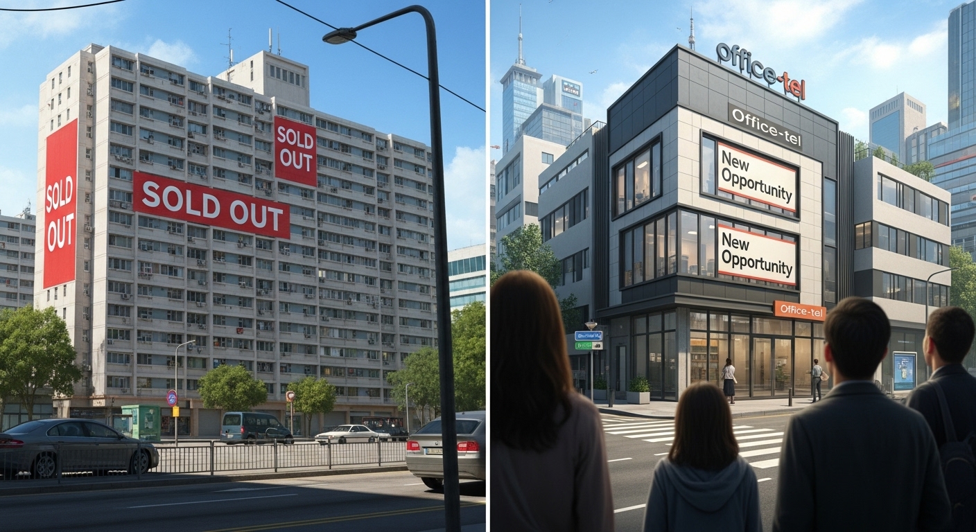 전통적인 아파트에서 오피스텔이나 소형 주택으로 시선이 향하는 사람들, 변화하는 부동산 수요를 보여줌.